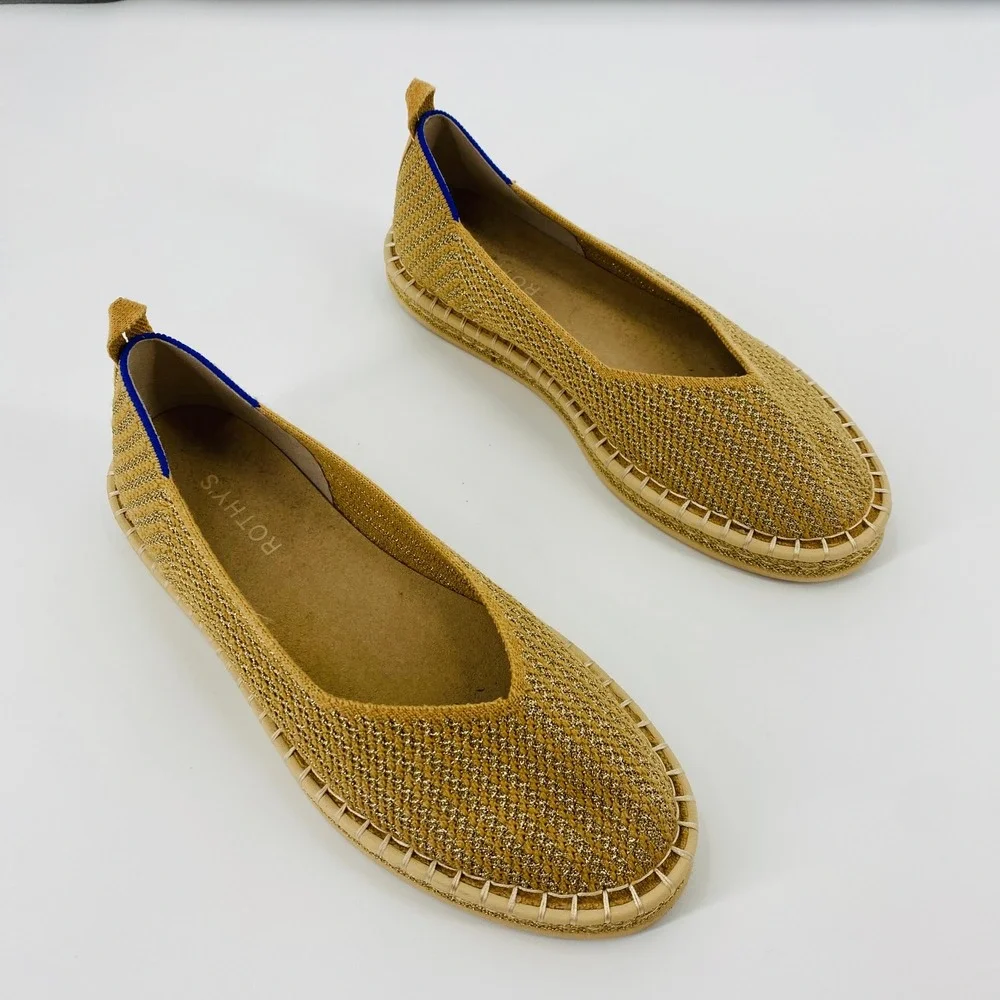Rothys The Espadrille Women Size 9 Gold Metallic Sparkle Knit Slip On Flats